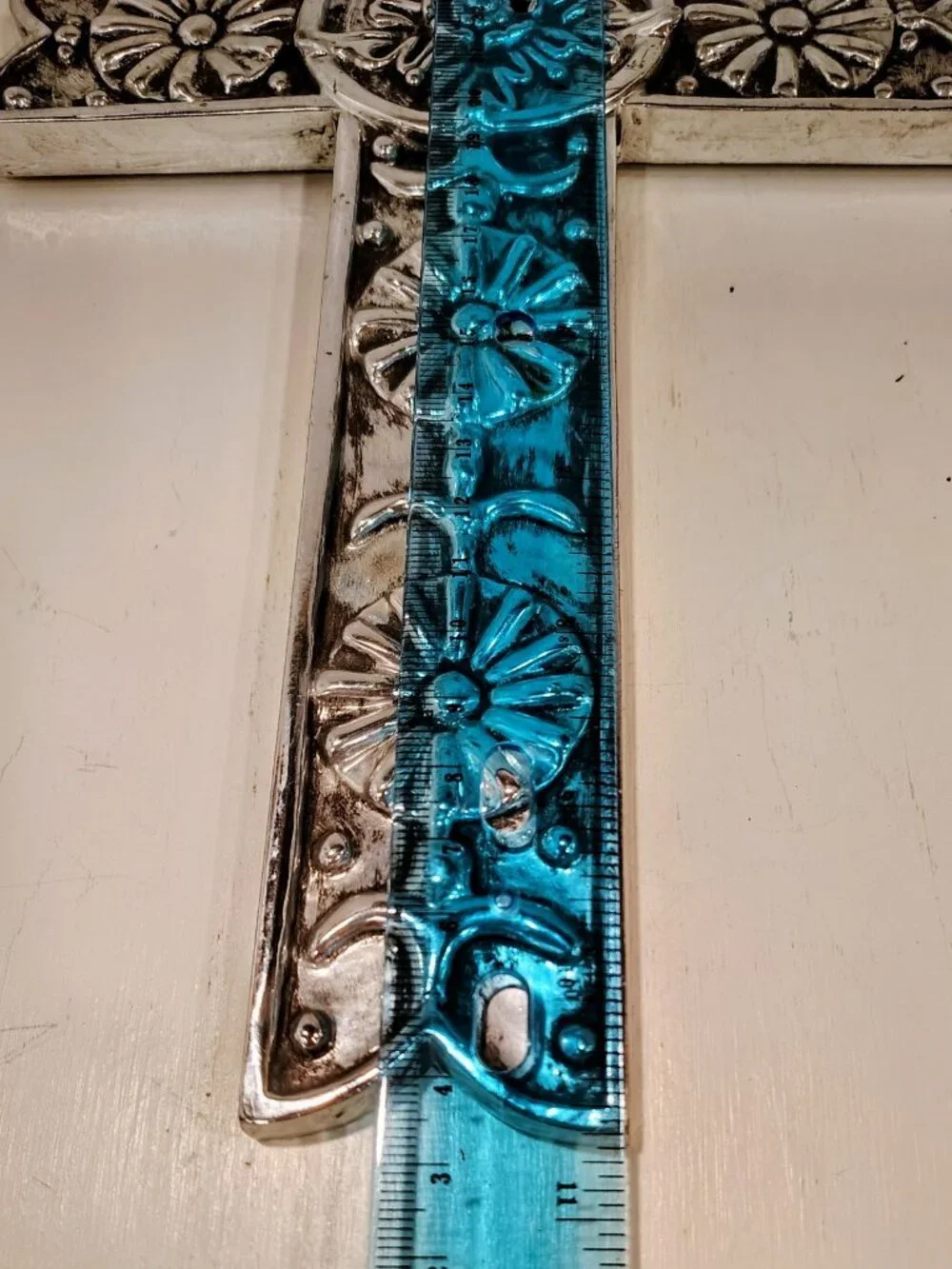 Ornate Religious Cross Wall Hanging Silver Chrome Resin Floral Design 11